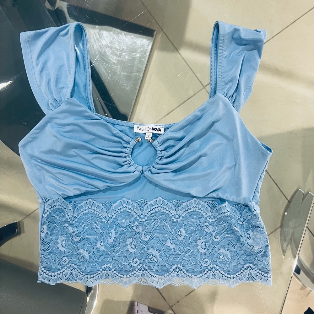 Fashion Nova light blue lace crop Top size large